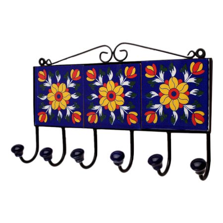 Blue Floral Ceramic Tiles Hooks-458 (Set Of Ine Piece)